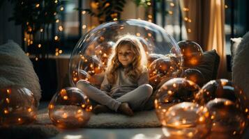 Little girl in pajamas sitting in a glass ball with garlands on the floor. photo