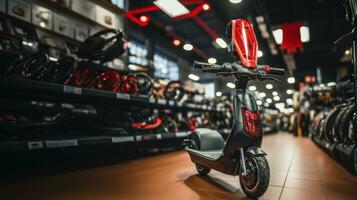 View of black scooter with red lights in the store. photo