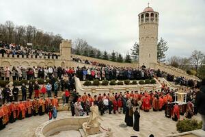 TERNOPIL, UKRAINE - APRIL 2, 2023 Many people during mission in complex of Ukrainian Jerusalem in the Mari spiritual center of Zarvanytsia In the Terebovlya district of the Ternopil photo