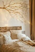 Cozy interior decorated for Christmas in Scandinavian style. Live fir trees decorated with natural ornaments made of dried oranges photo