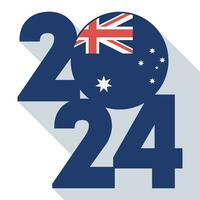 Happy New Year 2024, long shadow banner with Australia flag inside. Vector illustration.