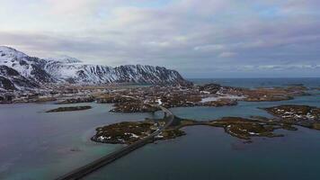 Fredvang Bridge and Village. Lofoten Islands, Landscape of Norway. Aerial View. Drone Flies Forward video