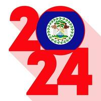 Happy New Year 2024, long shadow banner with Belize flag inside. Vector illustration.