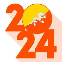 Happy New Year 2024, long shadow banner with Bhutan flag inside. Vector illustration.