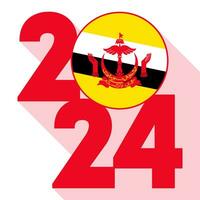 Happy New Year 2024, long shadow banner with Brunei flag inside. Vector illustration.
