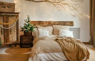 Cozy interior decorated for Christmas in Scandinavian style. Live fir trees decorated with natural ornaments made of dried oranges photo