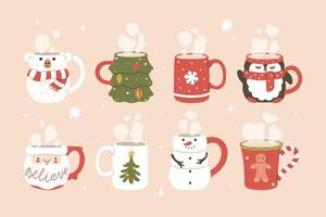 Card or poster with cute Christmas mugs. Vector graphics.