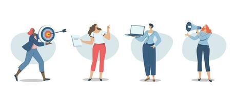 Set of business female in various activities, Vector illustration of cartoon women of different races. and different shapes in work clothes with hands that grab various things.