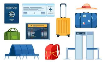 Airport terminal design elements. Traveling by plane, set of objects. Baggage, metal detector, air ticket, passport, information panel, lounge seats. Air travel concept. Tourism. Vector illustration.