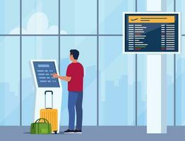 Man self check in at automatic machine in airport terminal. Buying ticket using interactive terminal. Airport interior with panoramic windows, departure board, flight schedule. Vector illustration.