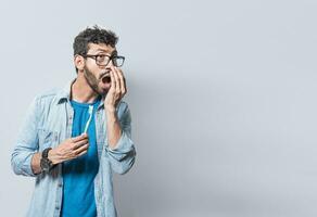 Person with brush with bad breath problem, Man with brush and bad breath, Concept of person with halitosis photo