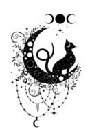 Mystical black cat over celestial crescent moon and triple goddess, witchcraft symbol, witchy esoteric logo tattoo. Vector esoteric wiccan clipart in boho style isolated on white background