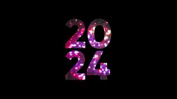 feliz Novo ano 2024 néon luz brilhantemente brilhante. fogo de artifício 2024 feliz Novo ano Sombrio noite céu fundo com decoração com uma néon número em Preto fundo. 4k vídeo. video