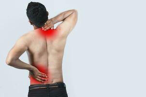 Neck and back pain concept, People with neck and back muscle pain, Close up of man with neck and back pain, a man with muscle pain on isolated background photo