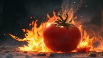 Ai generative, a tomato is on fire with flames and smoke video