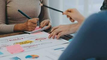 Two creative business people meeting and planning use post it notes sticky note on desk to share idea, Analysis data chart and graph with teamwork strategy brainstorming in office. video