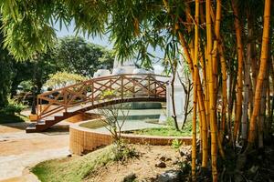 Wooden bridge in a park over water fountain surrounded by bamboo. Side view of a small wooden bridge over a water fountain in a calm park. Nagarote central park, Nicaragua. photo