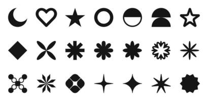 Geometric shapes and black brutalism figures. Modern trendy minimalist basic forms, moon, heart, blinks, circles and abstract figures, geometric design, vector set.