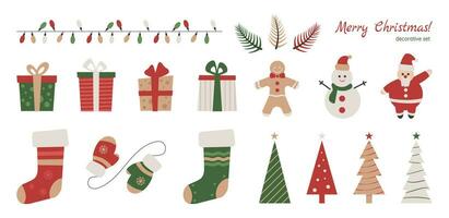 Christmas design element set, sticker pack with holiday symbols, Santa, snowman, gift boxes, socks and gloves, gingerbread man and light garland. Vector illustration.