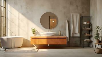 A luxurious bathroom with a walk-in shower, freestanding bathtub, and double sinks. The walk-in shower has a glass enclosure and a rainfall showerhead. photo