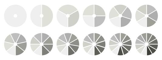 Collection of wheel diagrams, one, two, three, four, five, six, seven, eight, nine, ten, eleven, twelve segments. Circle division, 1, 2, 3, 4, 5, 6, 7, 8, 9, 10, 11, 12 equal parts. Infographic set. vector