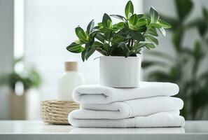A potted plant sits atop a neatly folded stack of white towels in a bathroom. The plant has small, green leaves and is in a plain brown pot. The towels are stacked on a wooden table or shelf. photo