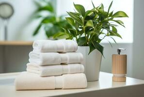 A neat stack of white towels sits on a bathroom counter, with a potted plant in the background. The towels are folded neatly and evenly, and the plant is small and green, with small leaves. photo