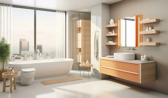 bathroom with a clawfoot bathtub, wicker basket full of fluffy white towels, and a potted plant in the corner. The bathroom has white tile walls and wooden floors photo