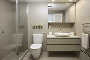 A stunning and spacious bathroom with a freestanding bathtub, walk-in shower, and double sinks. The freestanding bathtub is positioned in the center of the room photo