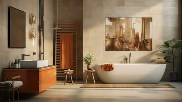 Clean and modern bathroom interior with a white bathtub, sink, and toilet. A large abstract painting hangs on the wall above the bathtub, adding a touch of color and personality to the space photo