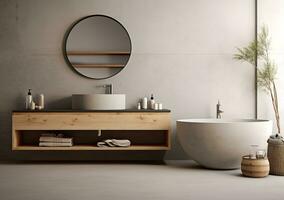 Sleek and minimalist bathroom with a freestanding white bathtub, black and white patterned rug, and white tile walls and floors. The bathroom has a large window photo