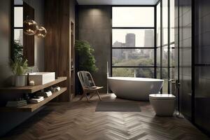 Luxurious and inviting bathroom with a freestanding white bathtub, double black sinks on a black vanity, a walk-in shower with a glass door and black rain showerhead photo