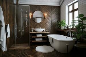 Stylish bathroom with herringbone pattern tile walls, a freestanding white bathtub, and double black sinks on a black floating vanity. The bathroom has white tile floors and a large window photo