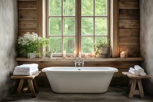 Luxurious bathroom with a freestanding white bathtub, double black sinks on a black marble countertop, and a walk-in shower with a glass door and black rain showerhead. photo