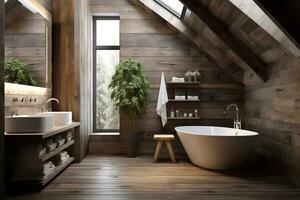 Bright and airy bathroom with a white bathtub, sink, and window. The bathroom has white tile floors and white walls, with a Weeping fig plant adding a touch of greenery. photo