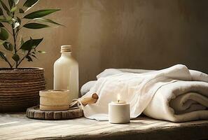 A serene and relaxing zen bathroom with a freestanding bathtub, potted plants, and bamboo accents. The bathtub is filled with warm, bubbly water, inviting you to soak and unwind. photo