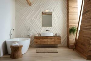 Tranquil and minimalist bathroom with a clawfoot bathtub, a wooden sink with a copper faucet, and a large potted plant in the corner. The bathroom has white tile floors and white walls, photo