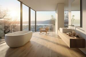 Luxurious and inviting bathroom with a freestanding white bathtub, double black sinks on a black vanity, a walk-in shower with a glass door and black rain showerhead photo