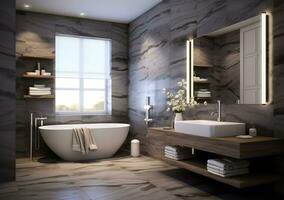 Sleek and modern bathroom with a freestanding white bathtub, black and white chevron tile floor, and potted plant in the corner. The bathroom has white tile walls and a large windows photo