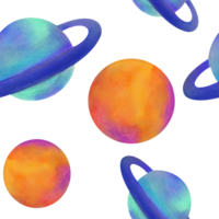 solar sistema desatado padronizar. aguarela planetas arte fundo. universo espaço textura. galáxia brilhando laranja bola e brilhante azul globo anel por aí papel de parede para embalagem papel, tecidos png