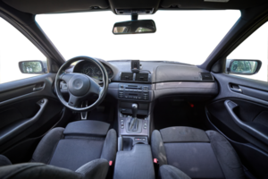 Inside a modern car photo interior with transparent windows view, city car interior background png illustration