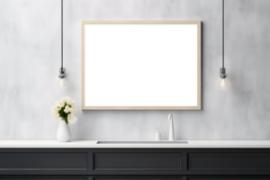 strak minimalistische muur kunst poster mockup met badkamer interieur, ai gegenereerd png