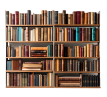 de madera estante para libros lleno de libros, frente vista, ai generado png