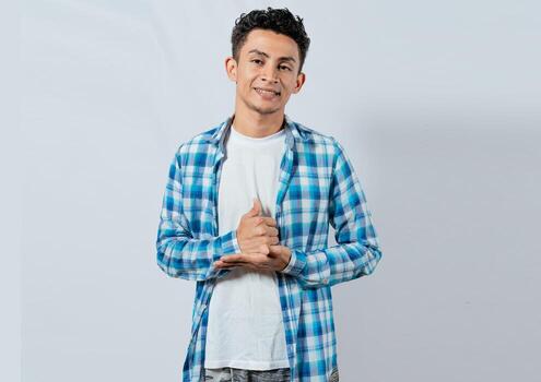 Man gesturing help with hands in sign language, Young man showing help gesture with hands in sign language. Interpreter man gesturing help with hands in sign language photo