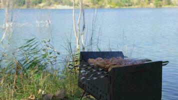 utegrill står på flod Bank, var kött är friterad. video