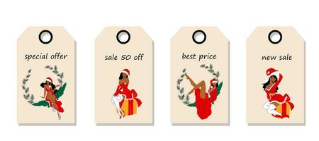 vector conjunto de descuento precio etiquetas etiquetas con muchachas es vestido en un sexy Navidad vestido. Navidad venta.