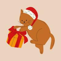 Cute cat with christmas gift. Vector illustration.