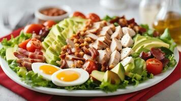 Cobb ensalada en un plato en un blanco antecedentes ai generativo foto