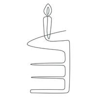 Continuous one line drawing of birthday cake with candle. Simple line art piece of cake. Linear contour of a pastry. Editable stroke. Hand drawn vector illustration