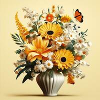 un florero con flores y un amarillo antecedentes generado por ai foto